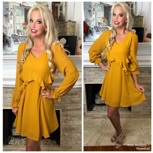 ❤️LAST 1! Mustard Fully Lined Ruffle Swing Dress! - Picture 3 of 5